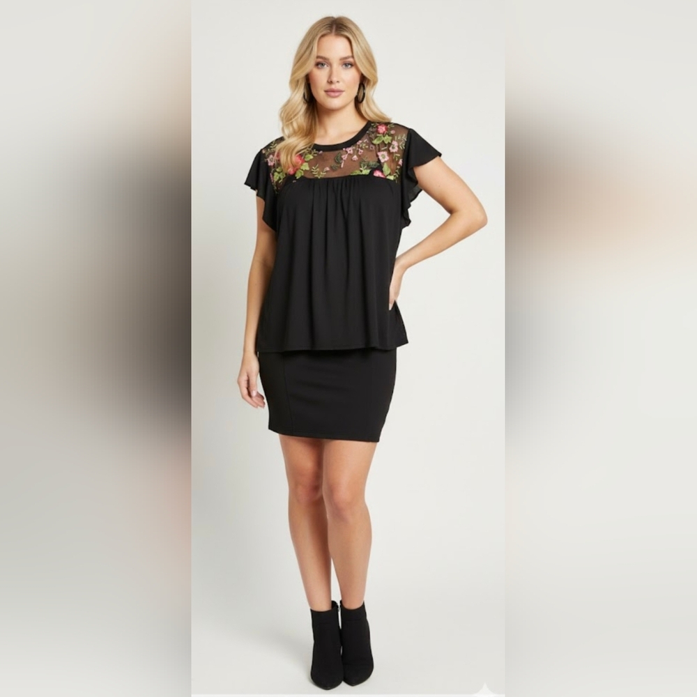 Haptics Black Sheer Floral Embroidered Flowy Soft Top 1X